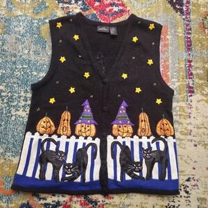 VTG One Resource Women’s Size XL Halloween Ugly Sweater Vest Black Cat